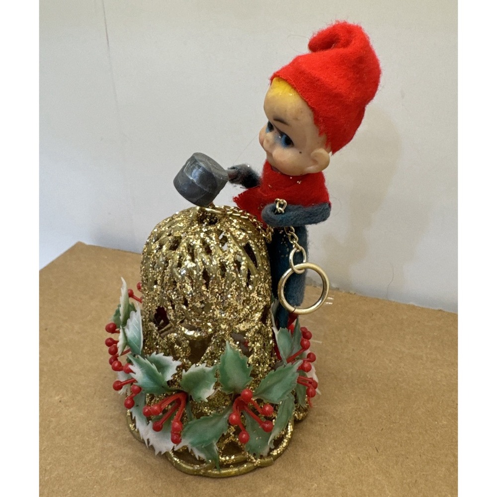 1950s Vintage Green Christmas Mischievous Pixie Elf On Gold Bell Holly Ornament